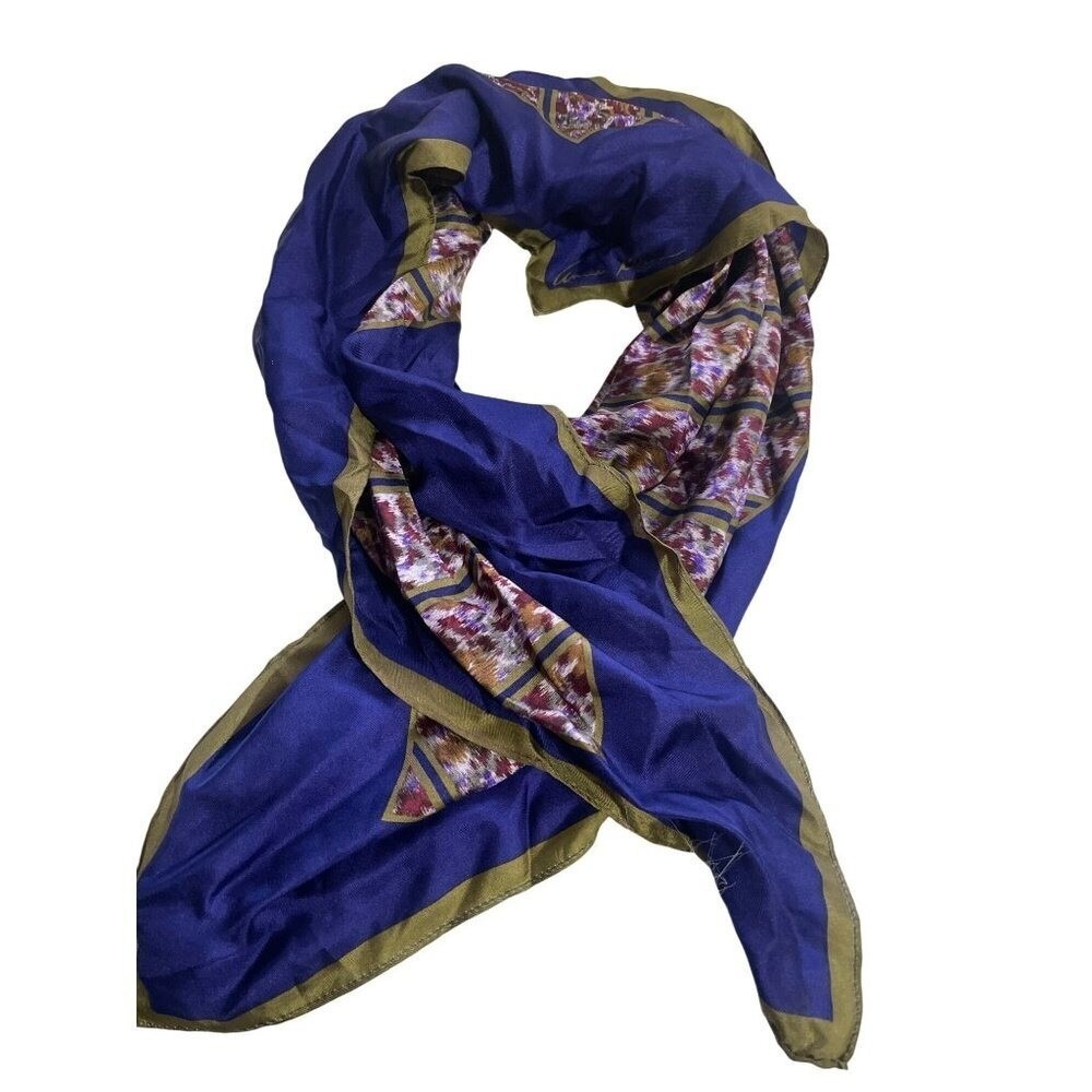 Square Silk Scarf Blue Multicolor Geometric Print With Green‎ Border